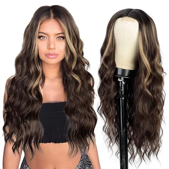 Long Brown Wavy Wig with Mixed Blonde